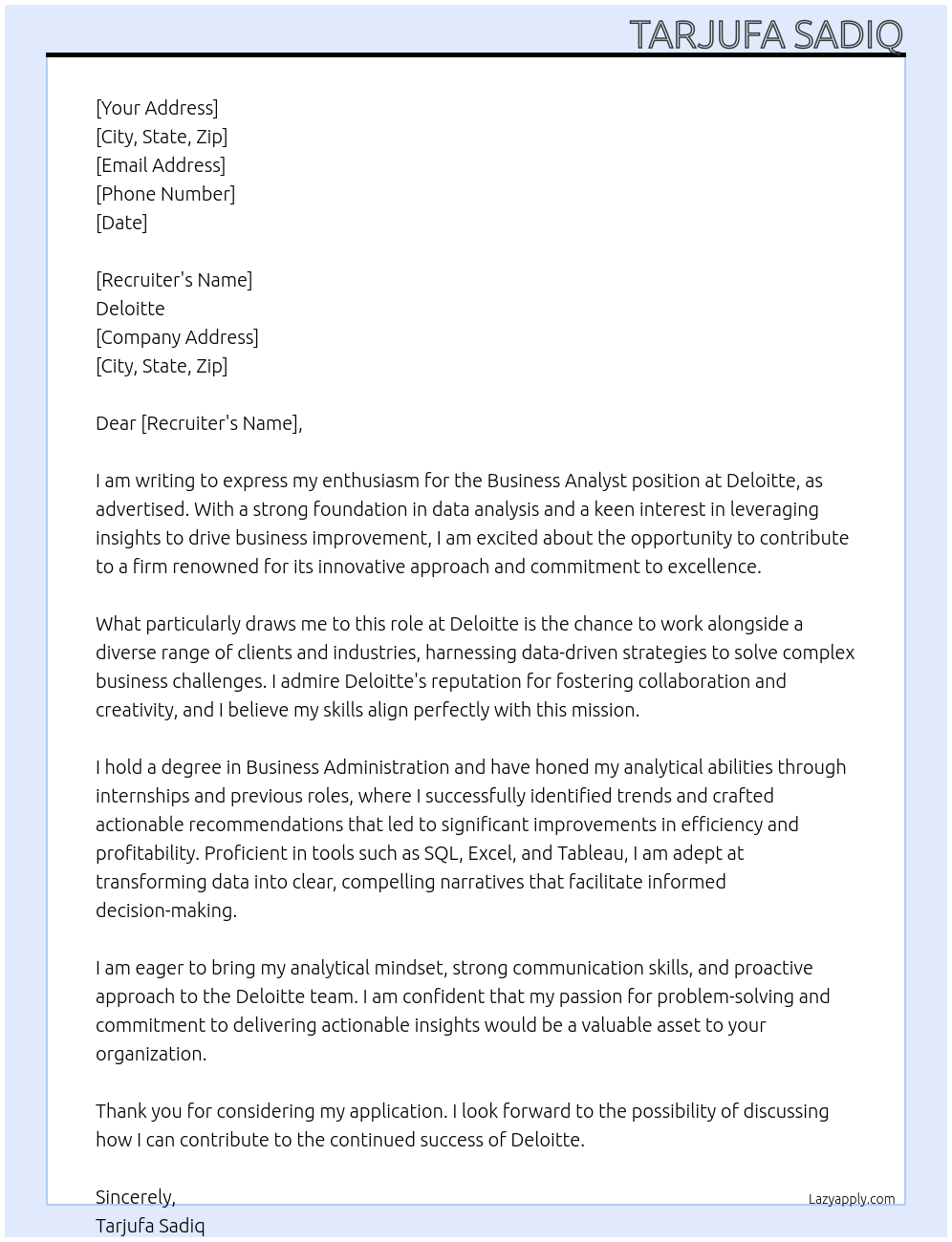 business analyst At deloitte Cover Letter