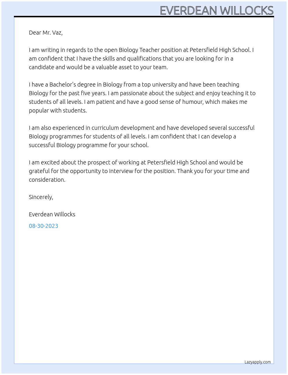 Biology Teacher At Petersfield High School Cover Letter