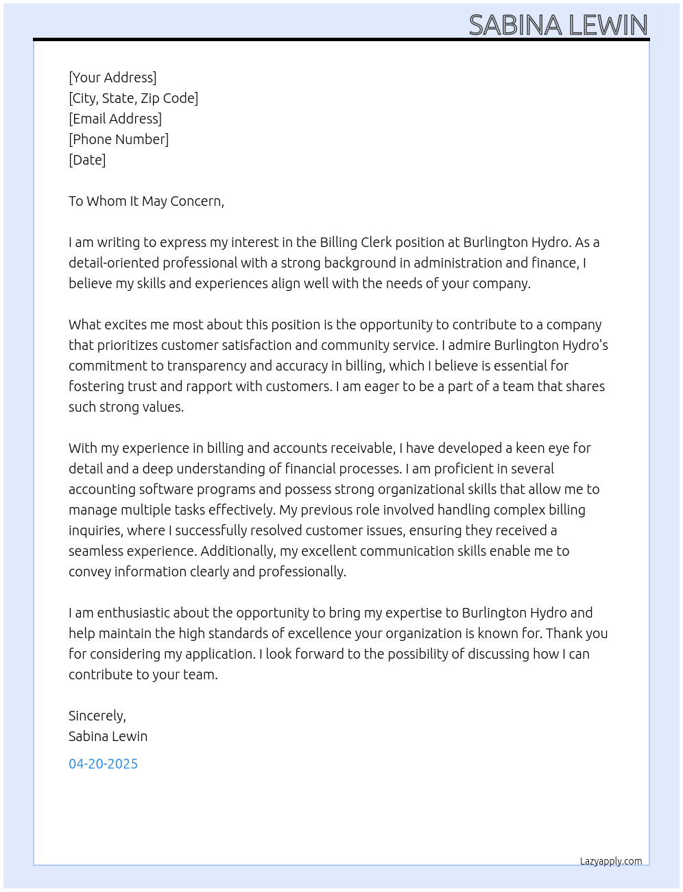 billing clerk At Burlington Hydro Cover Letter