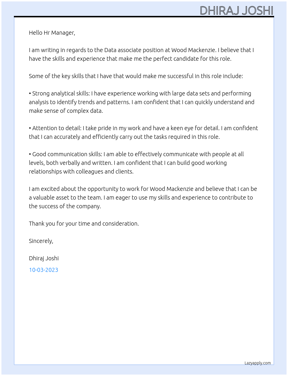 Data associate At Wood Mackenzie Cover Letter