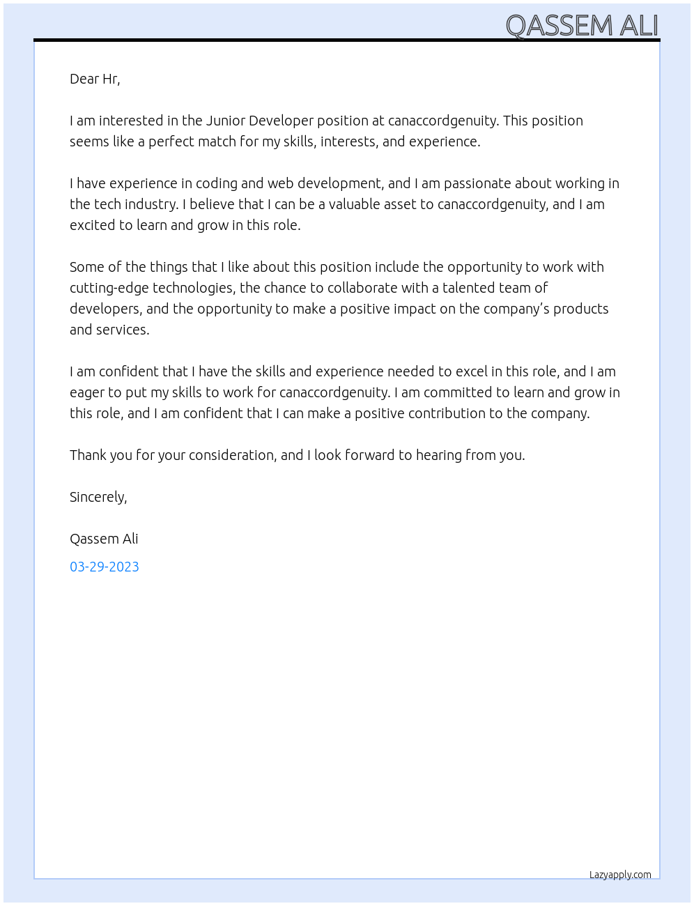 Junior Developer At canaccordgenuity Cover Letter
