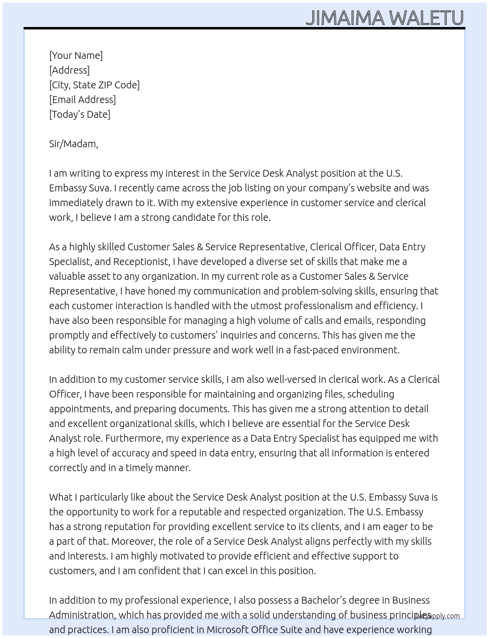 Service Desk Analyst At U.S. Embassy Suva Cover Letter