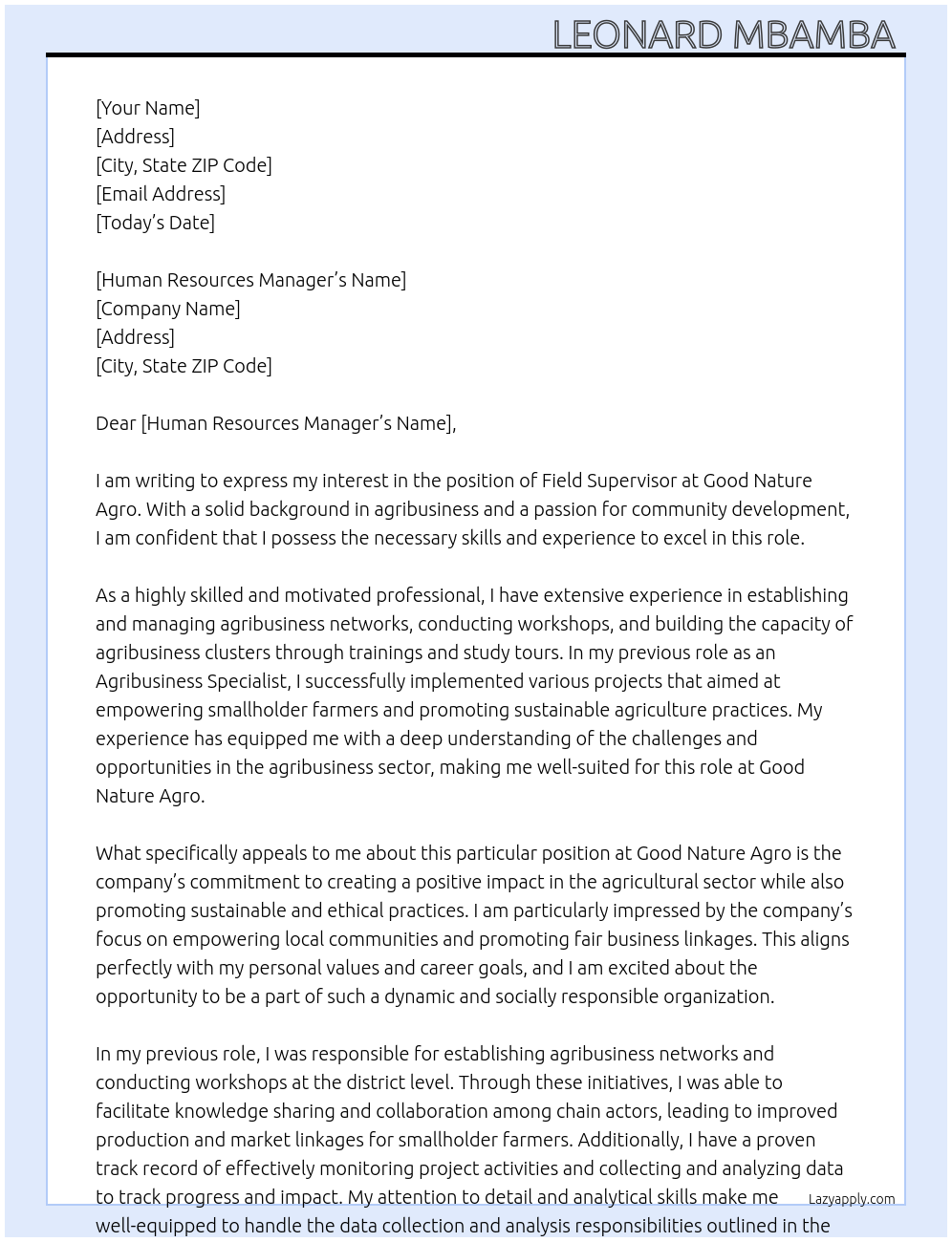 Field Supervisor  At Good Nature Agro  Cover Letter