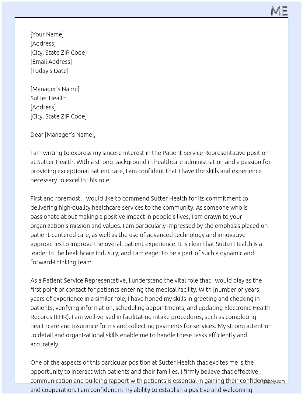 Patient service representative At Sutter health Cover Letter