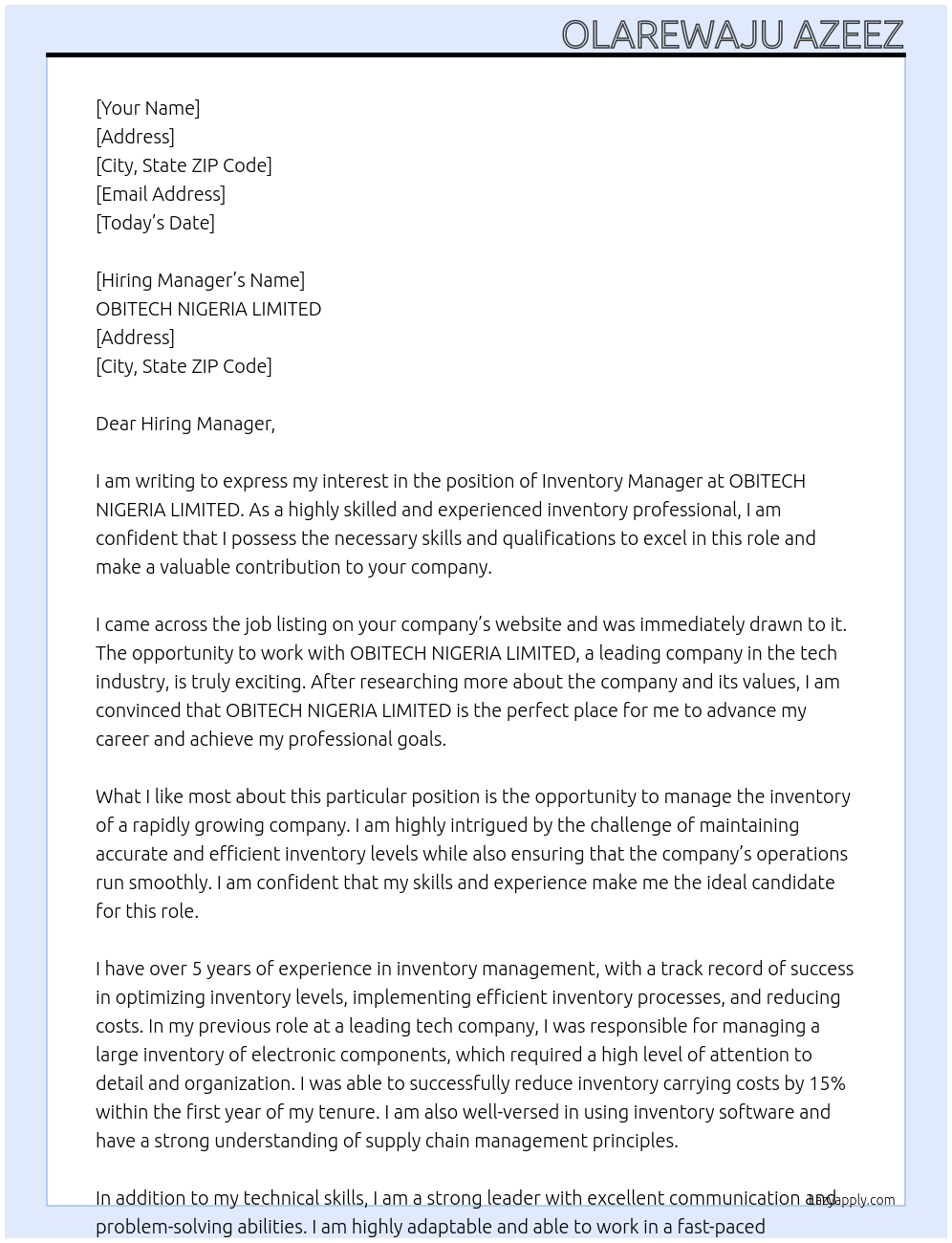 Cover letter for inventory manager - LazyApply