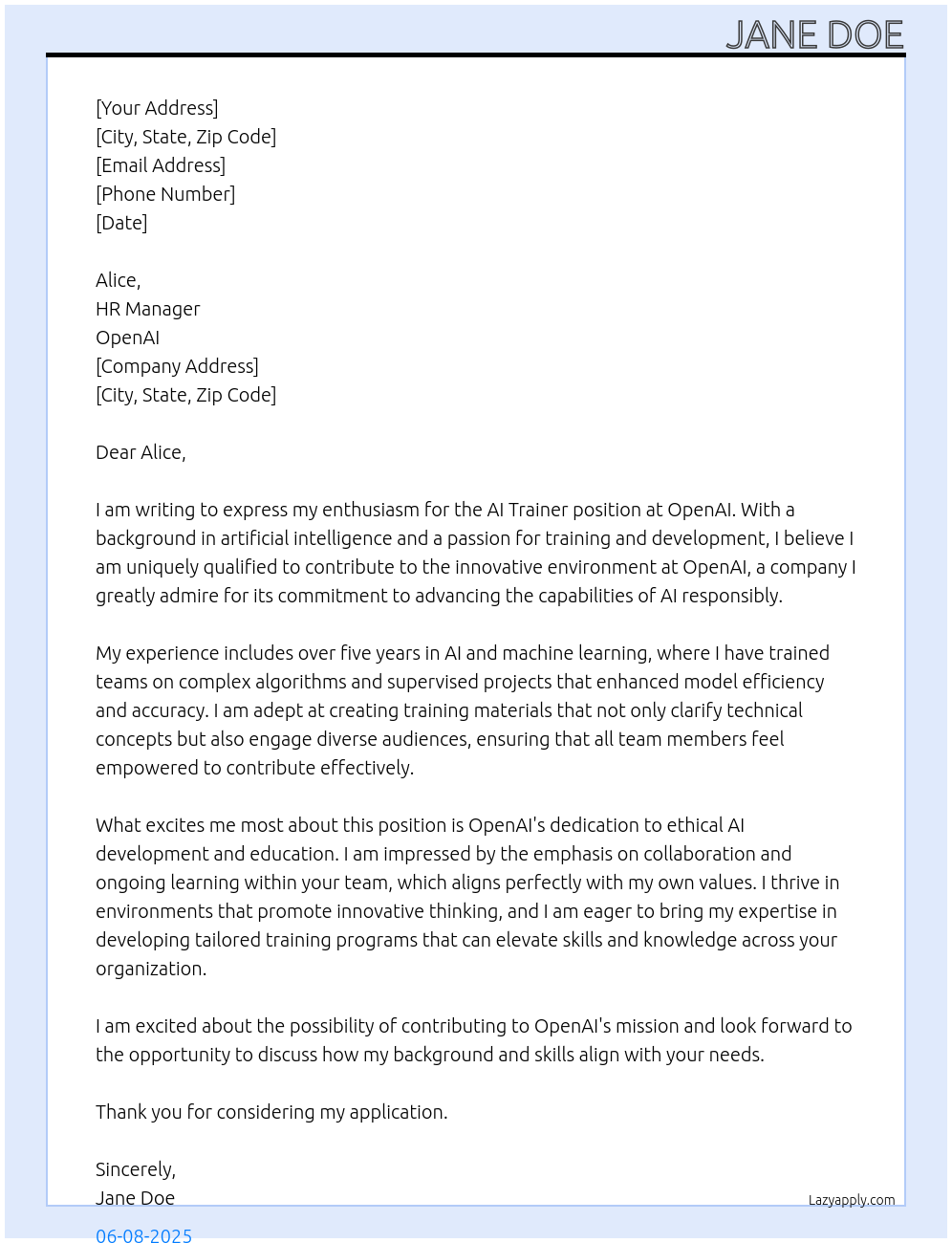 AI Trainer At OpenAI Cover Letter