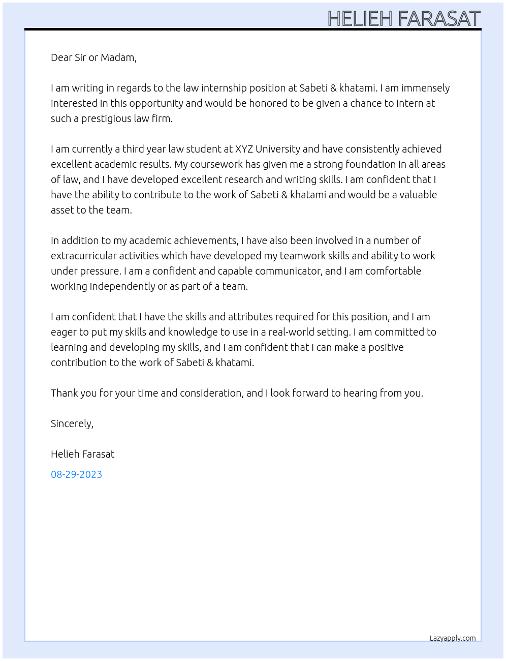 law internship At Sabeti & khatami Cover Letter