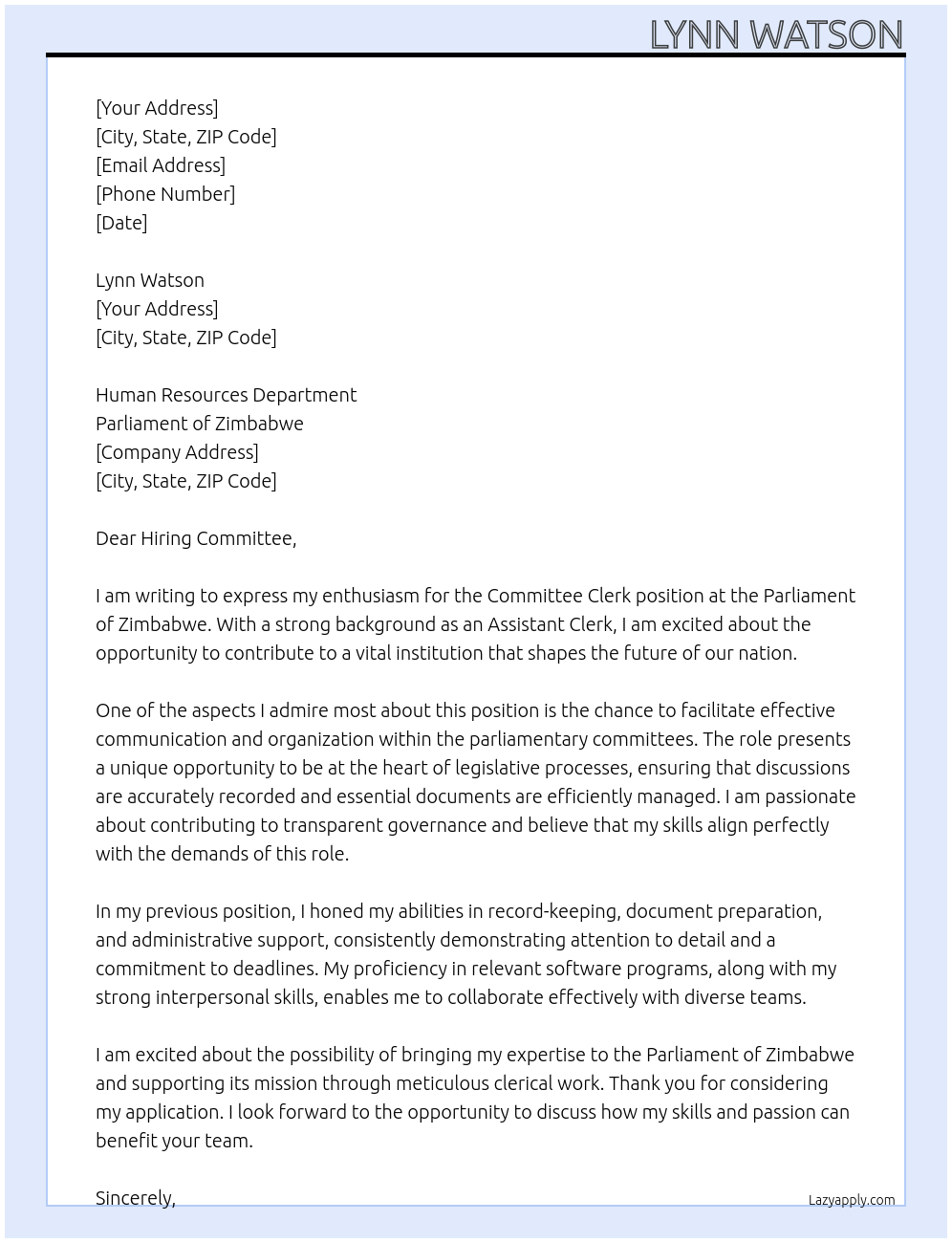 committee clerk At Parliament of Zimbawe Cover Letter