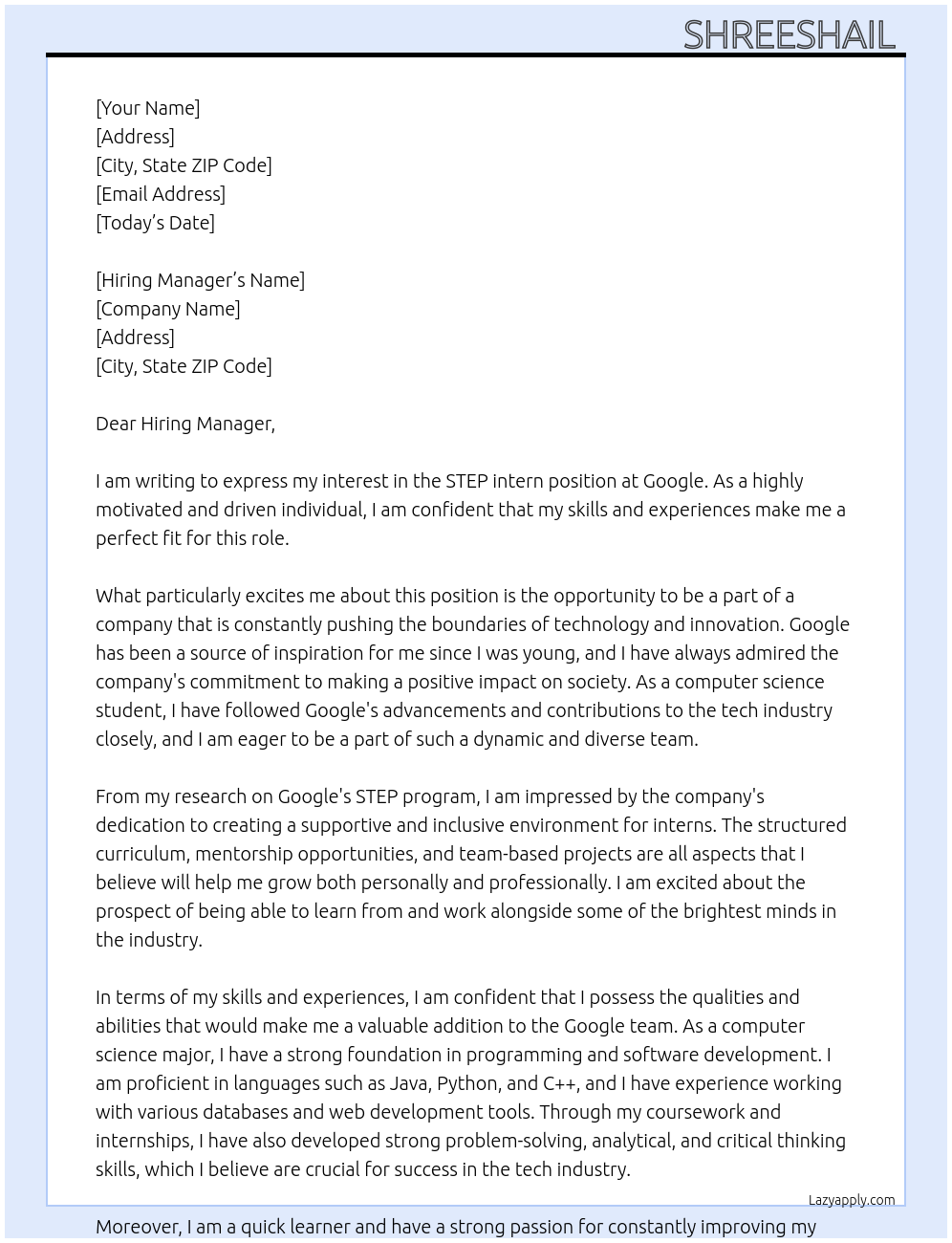 STEP intern At Google STEP Cover Letter