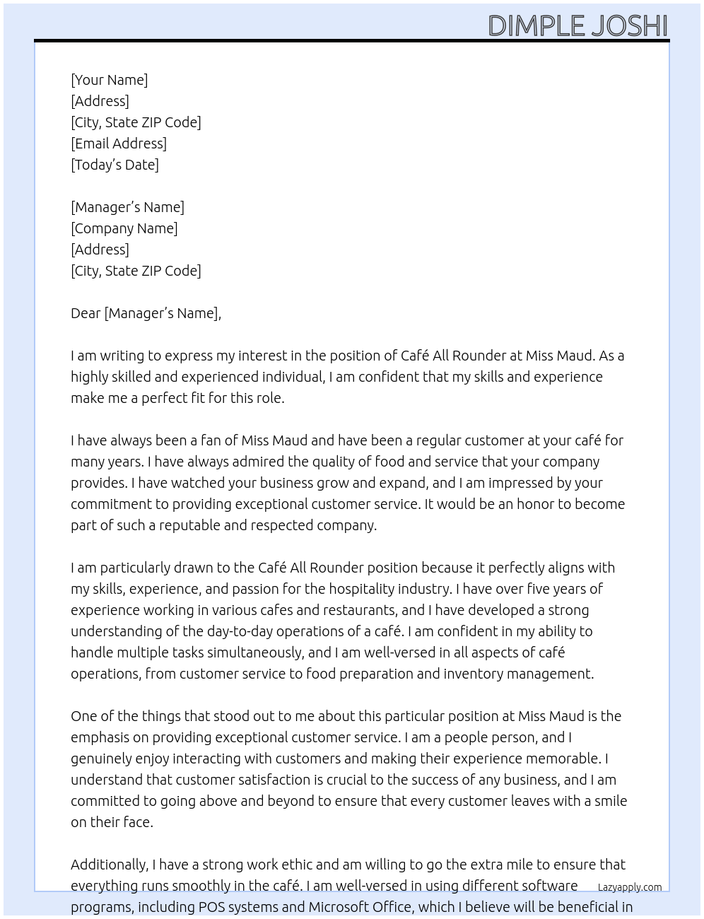 cafe all rounder At miss maud Cover Letter