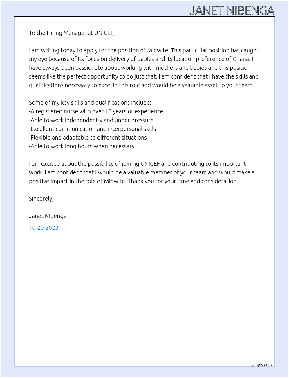 Midwife At Unicef Cover Letter