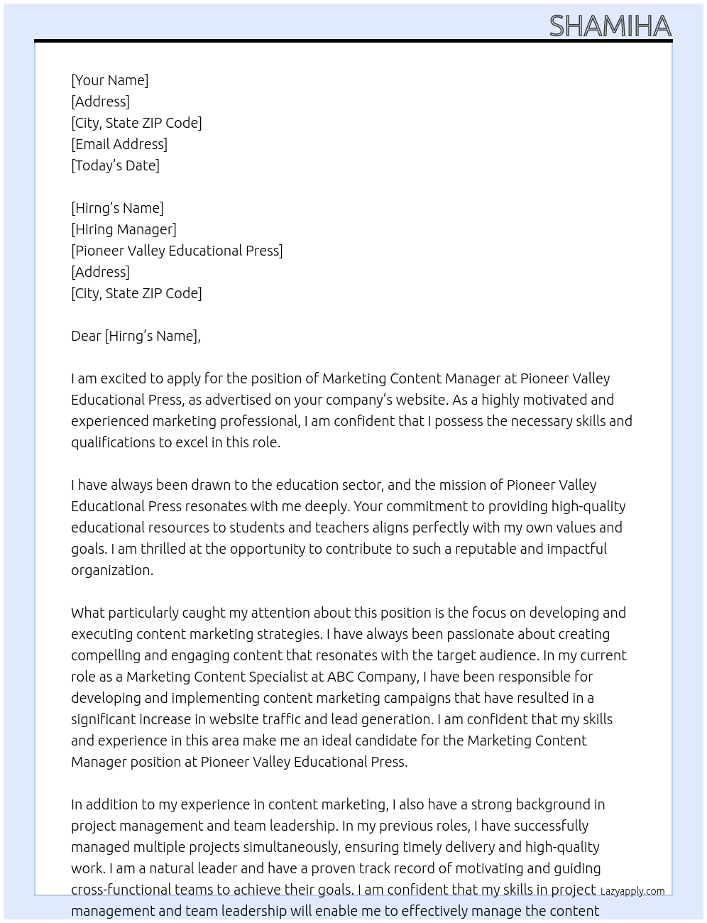 Marketing Content Manager At Pioneer Valley Educational Press Cover Letter