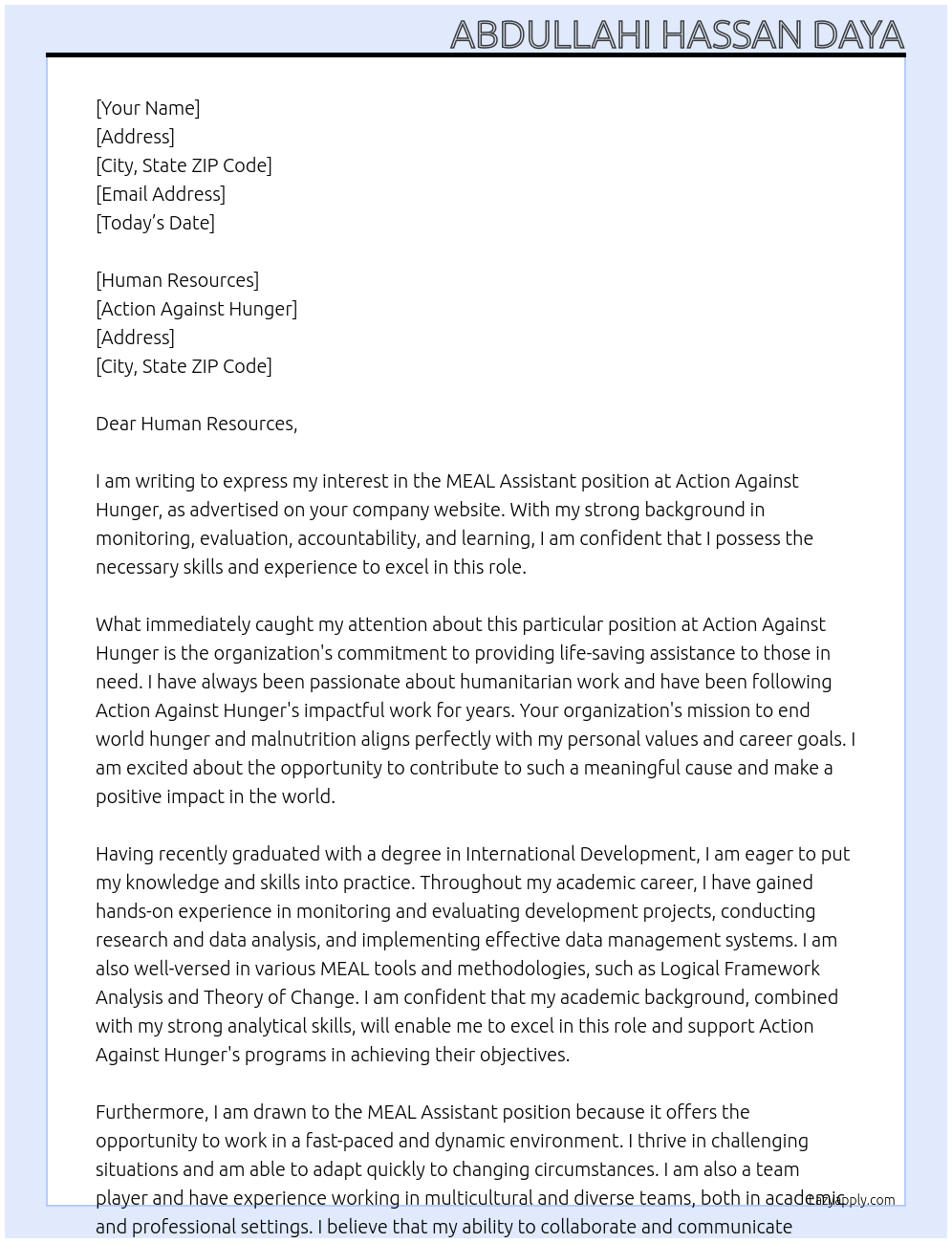 MEAL Assistant At Action Against Hunger Cover Letter