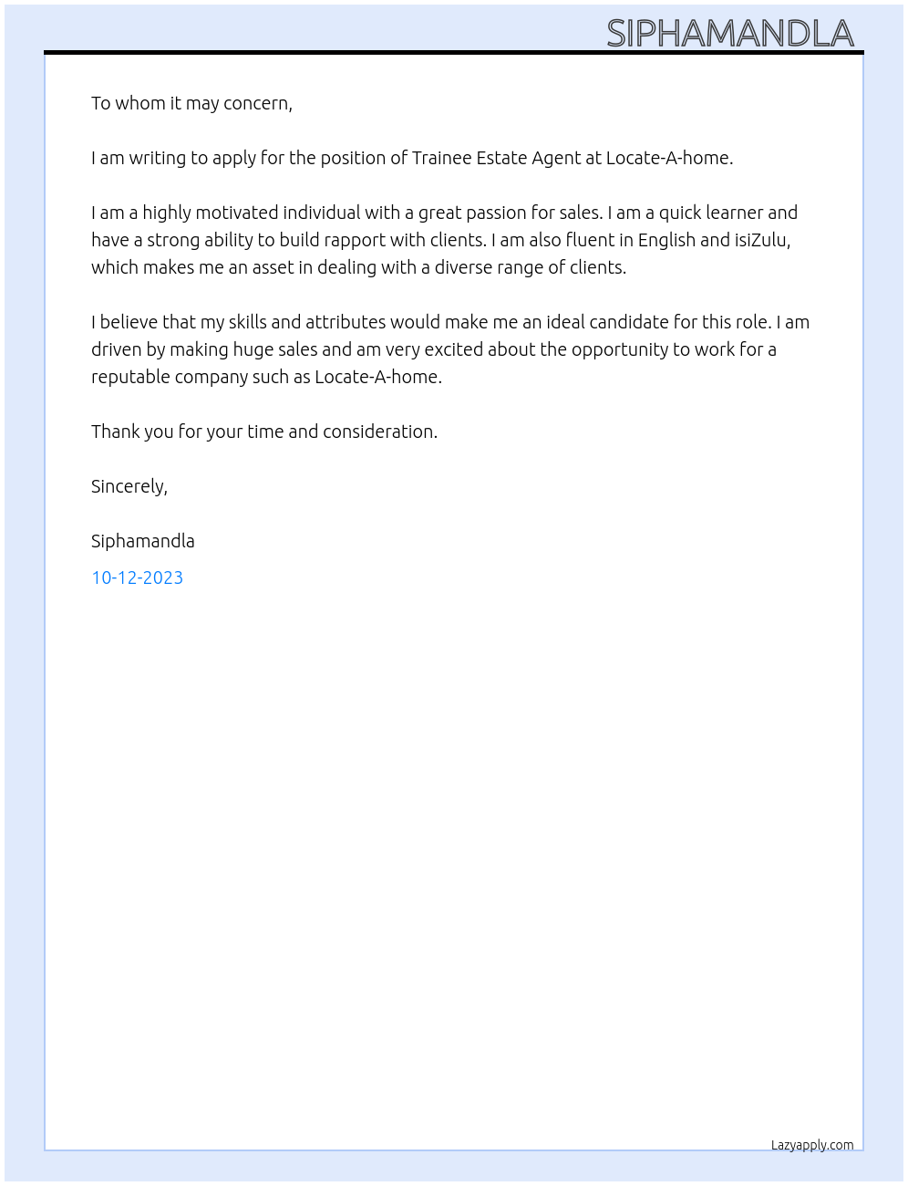 Trainee Estate agent At Locate-A-home Cover Letter