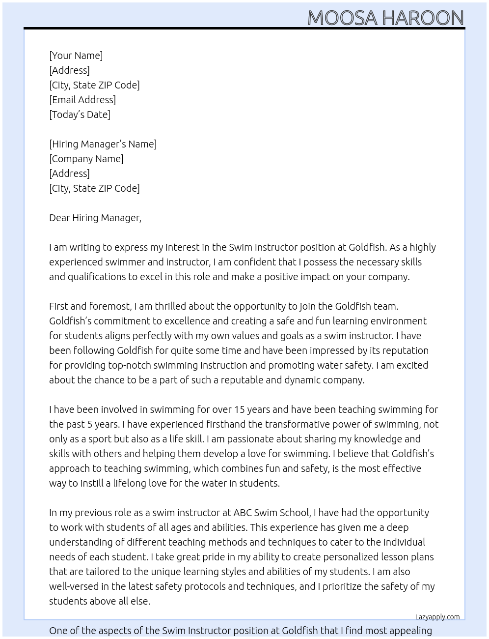 Swim Instructor At Goldfish Cover Letter