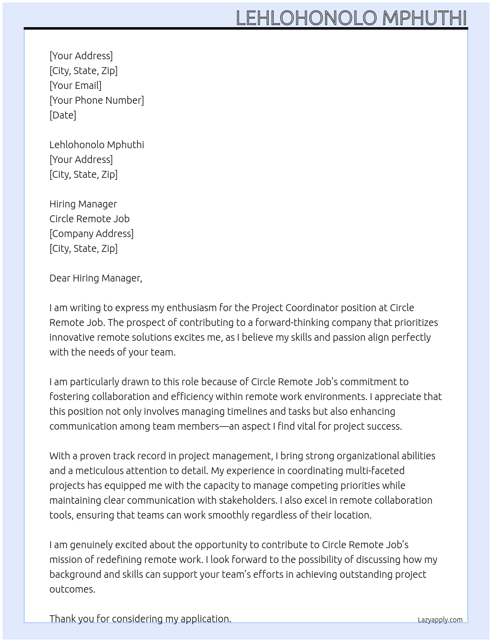 Project Coordinator At Circle Remote job Cover Letter