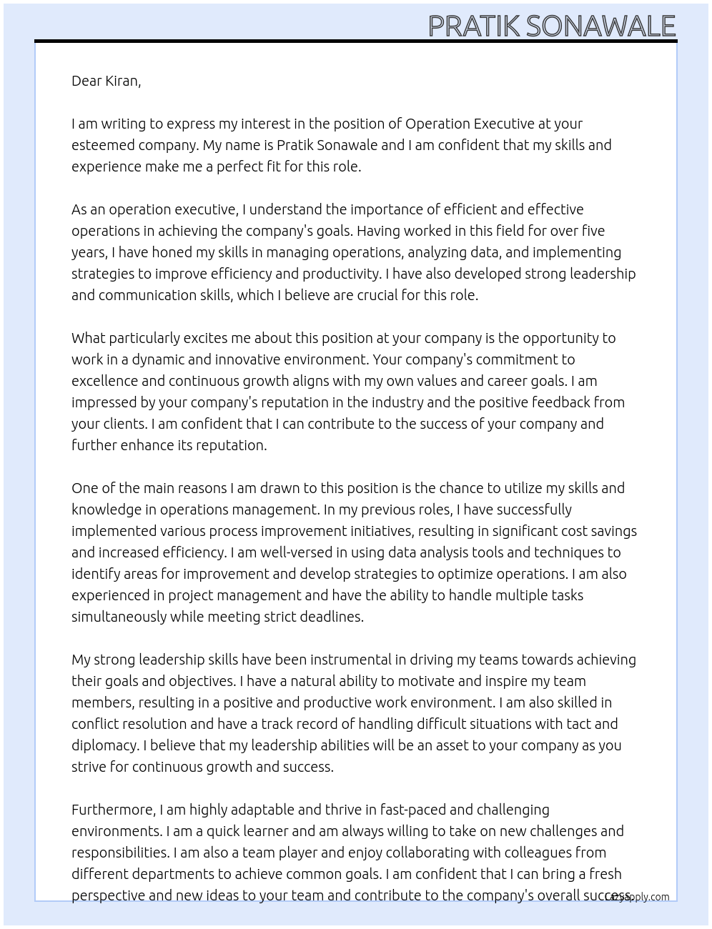 Operation executive At Kiran Cover Letter