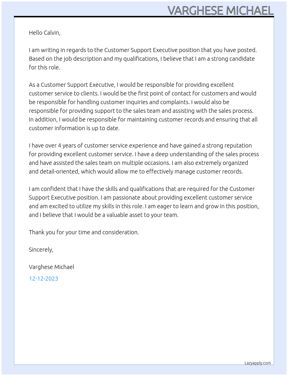 Customer Support Executive At Customer Support Executive Cover Letter