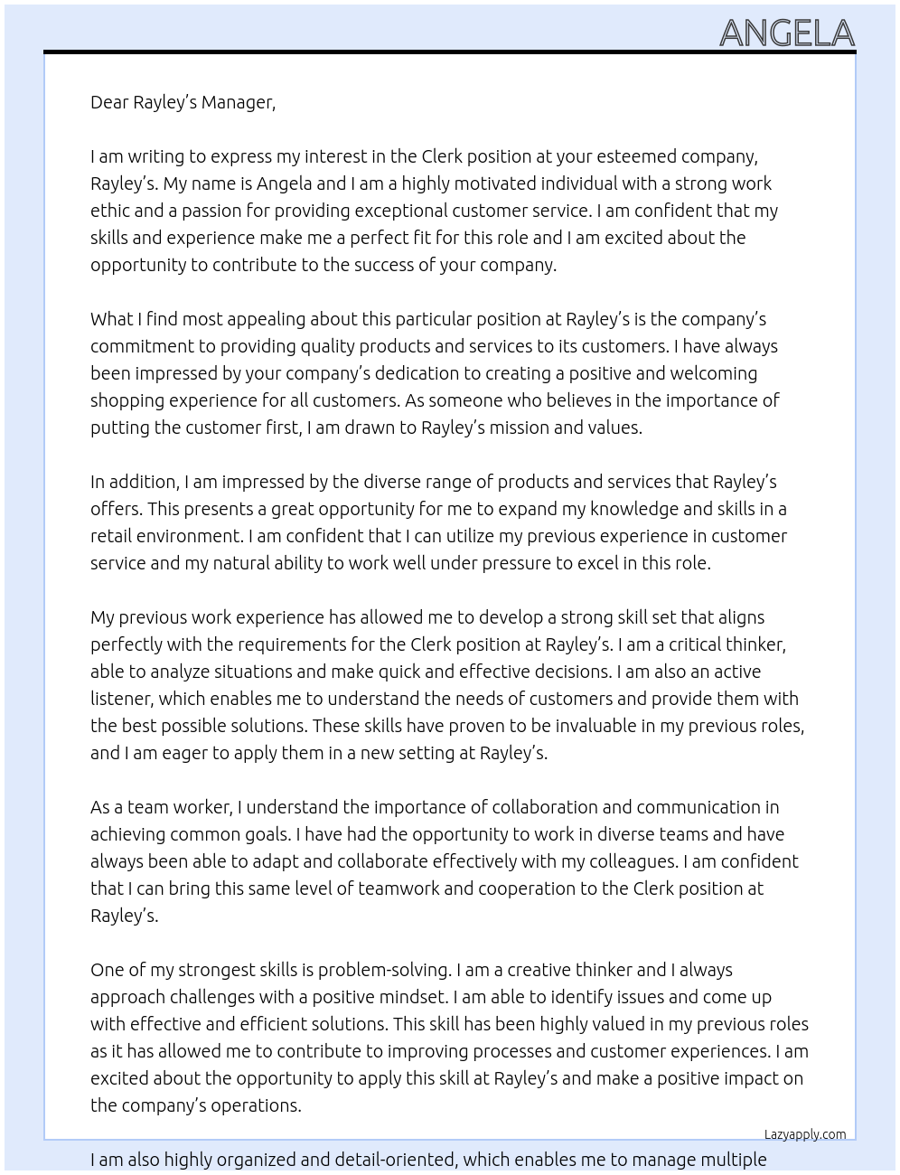 Clerk At Rayley’s Cover Letter