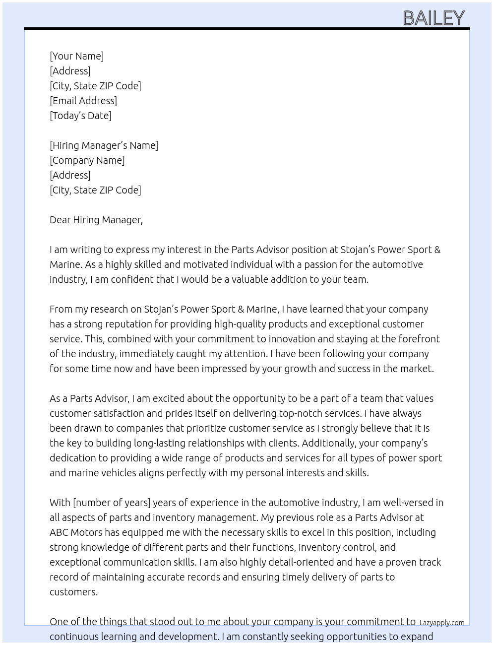 Parts Advisor  At Stojan’s Power Sport & Marine Cover Letter