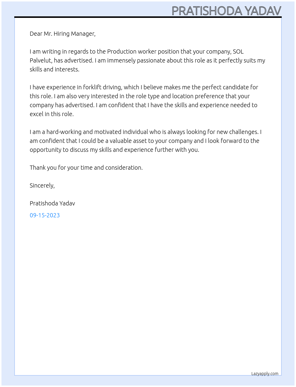 Production worker At SOL Palvelut Cover Letter