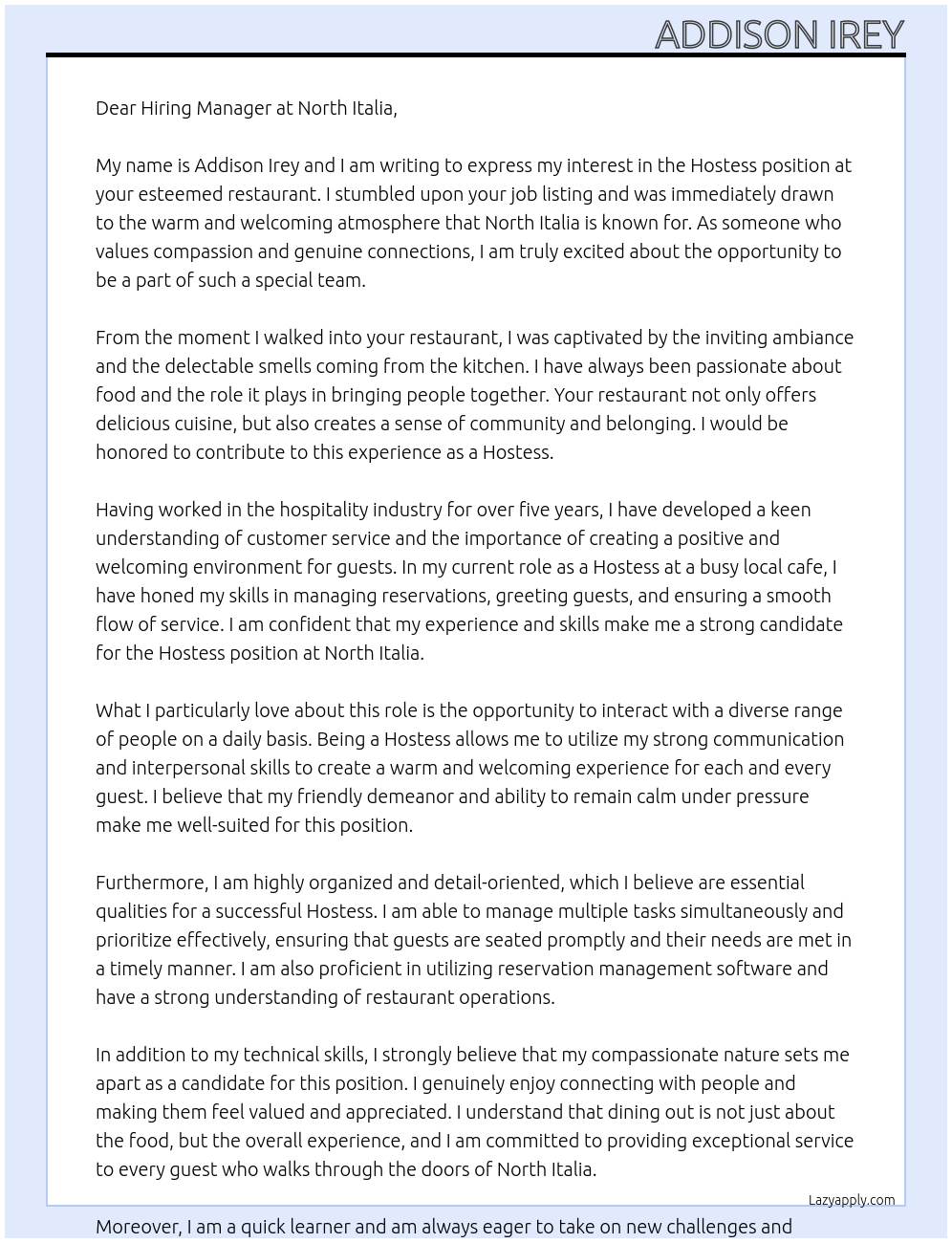 Hostess At North Italia Cover Letter