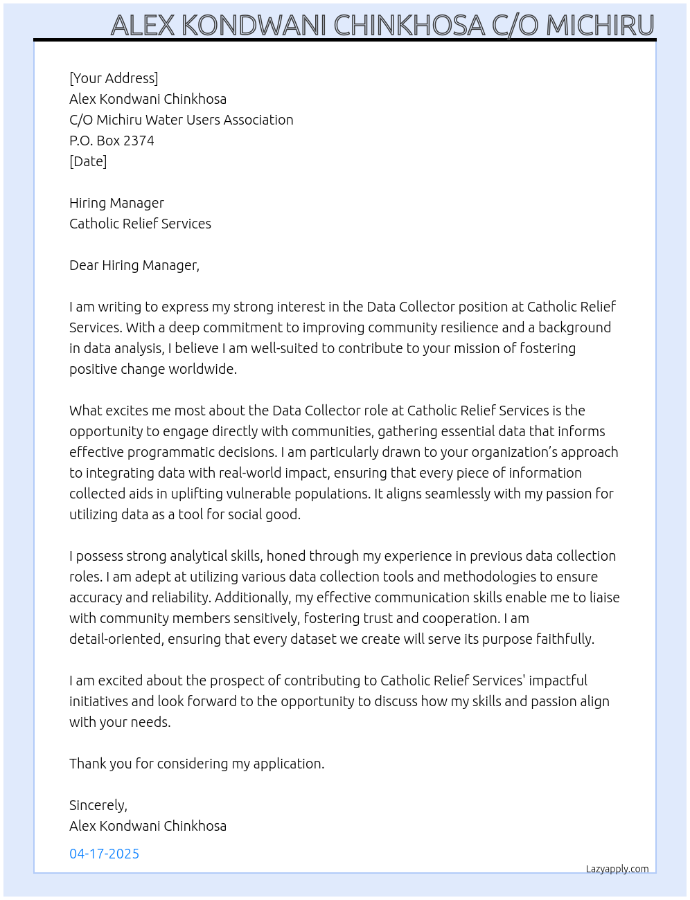 data collectors At Catholic Relief Services Cover Letter