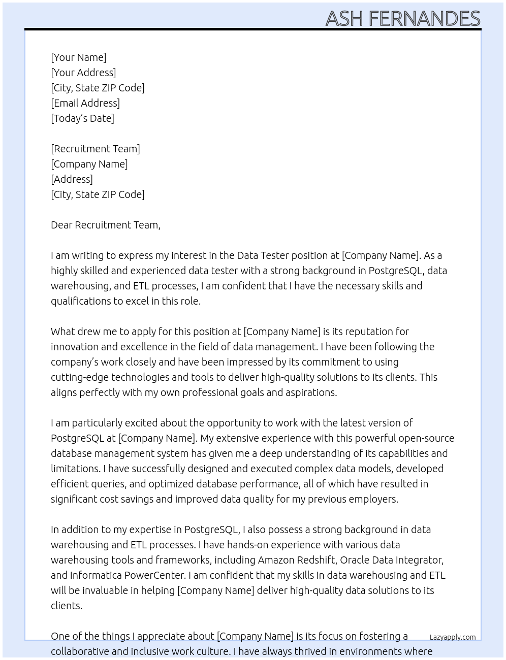 Data Tester At - Cover Letter