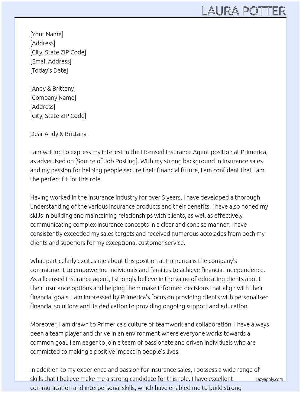 Cover letter for licensed insurance agent - LazyApply