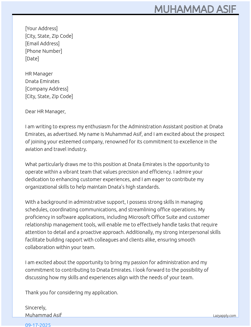 Administration assistant At Dnata Emirates Cover Letter