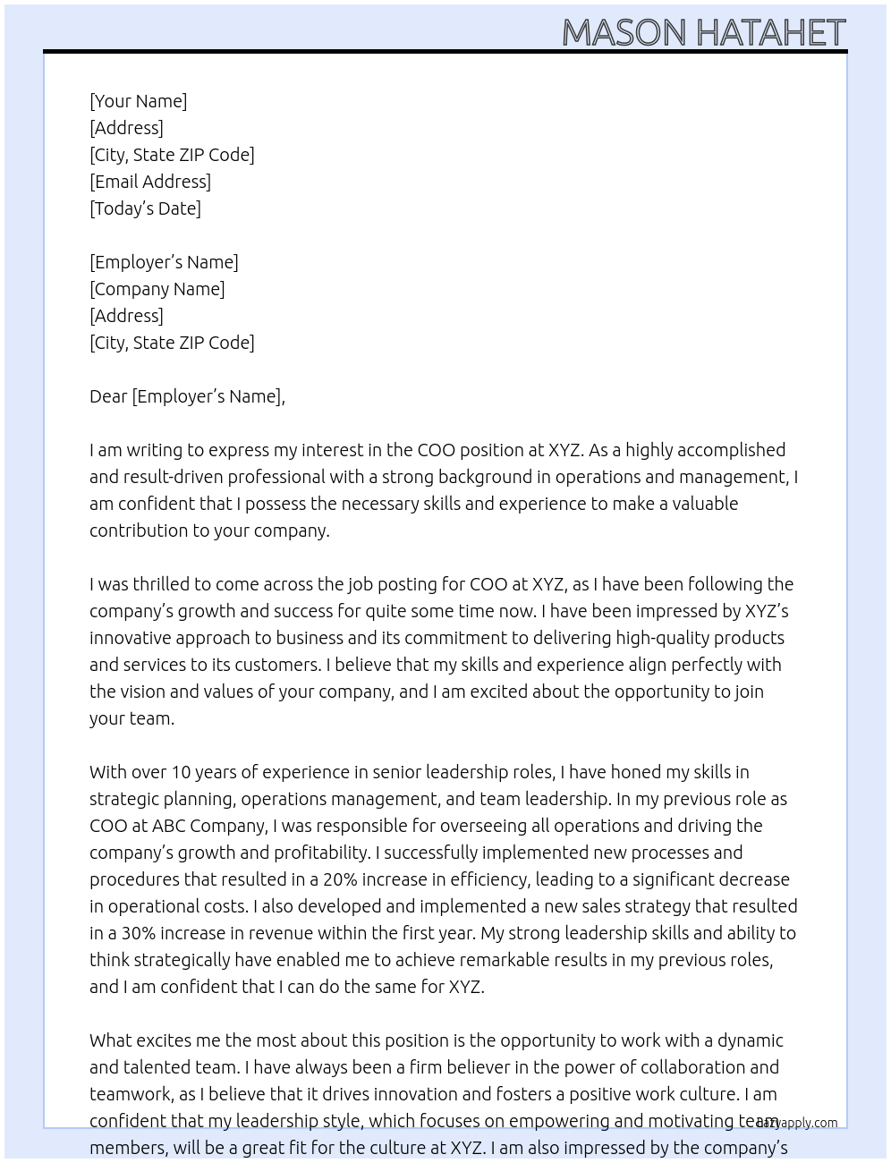 COO At XYZ Cover Letter