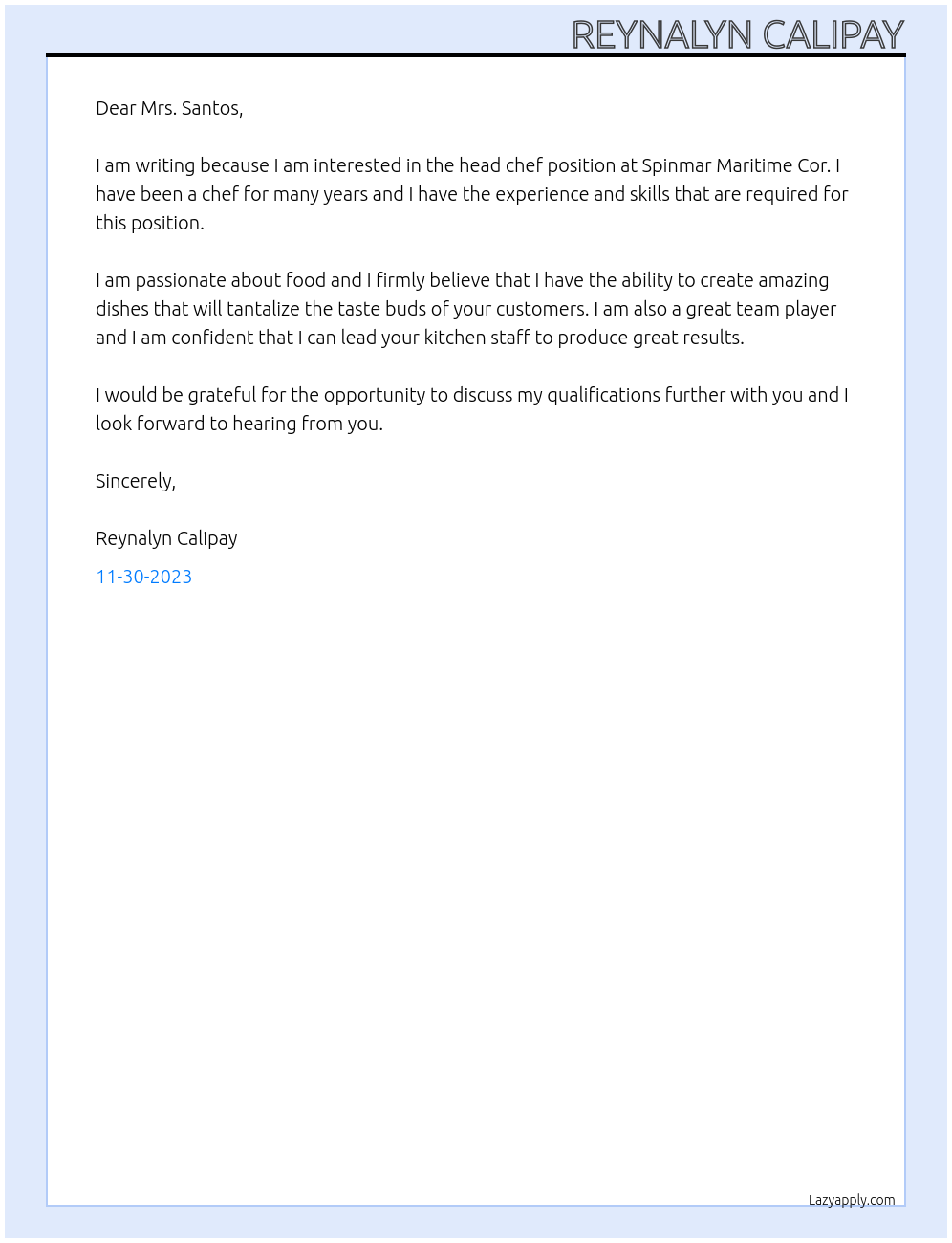 Head chef At SPINNER MARITIME COR. Cover Letter