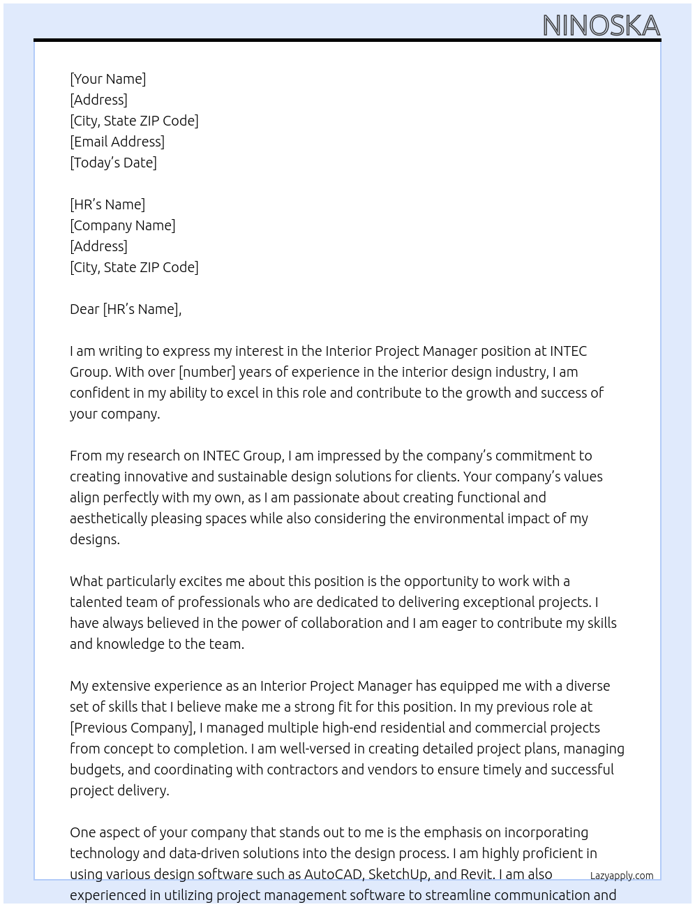 Interior Project Manager At INTEC Group Cover Letter