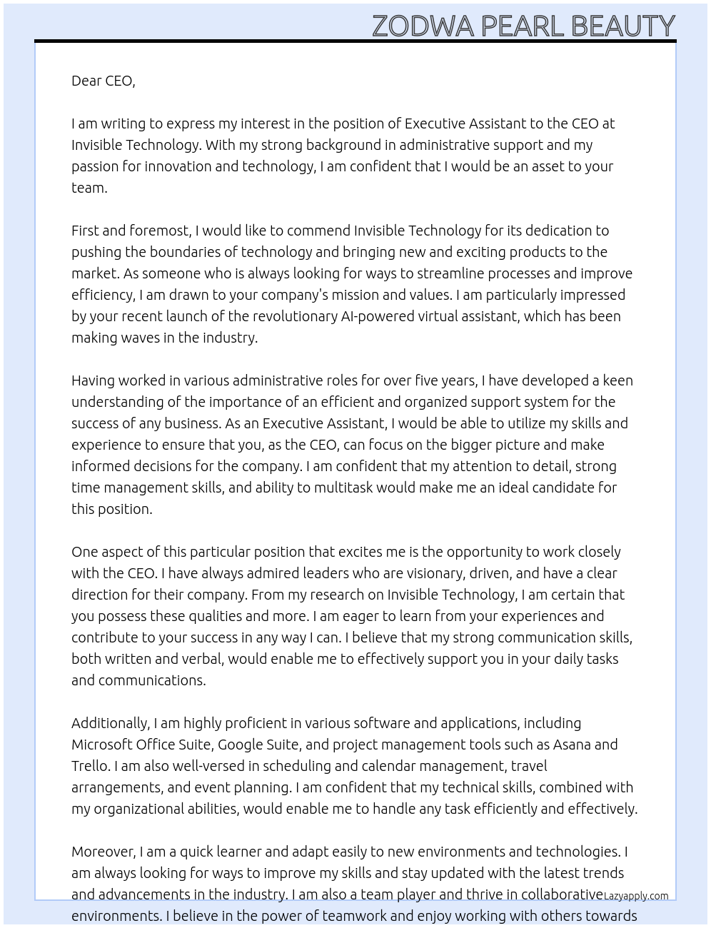 Executive Assistant to the CEO At Invisible Technology Cover Letter