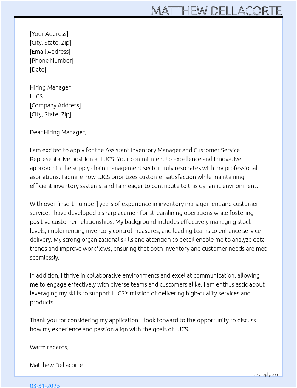 Cover letter for assistant inventory manager and customer service rep ...