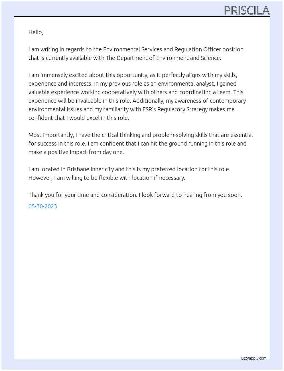 Environmental officer At The Department of Environment and Science Cover Letter