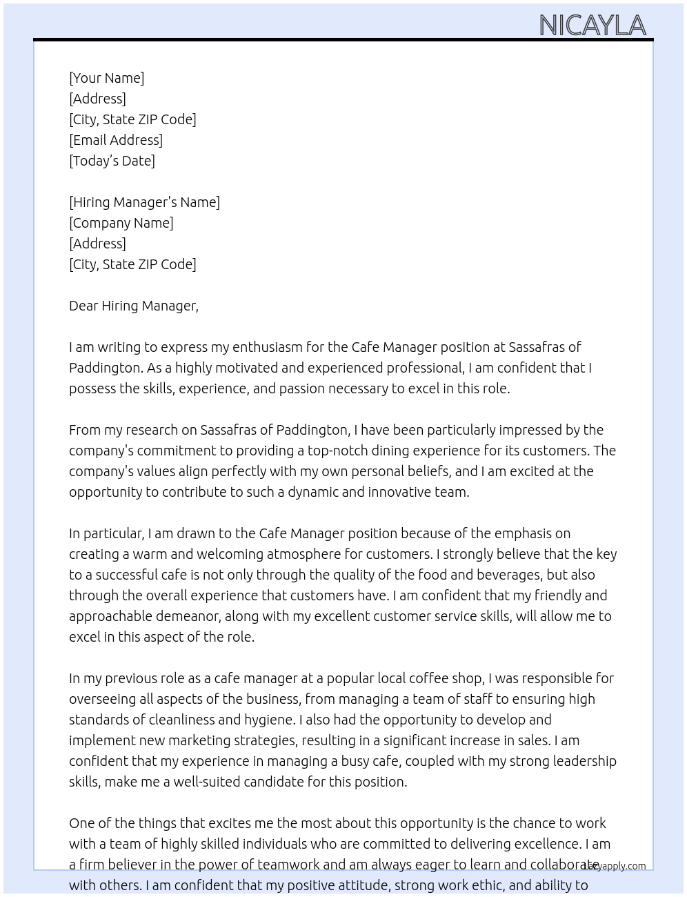 Cafe manager  At Sassafras of Paddington  Cover Letter