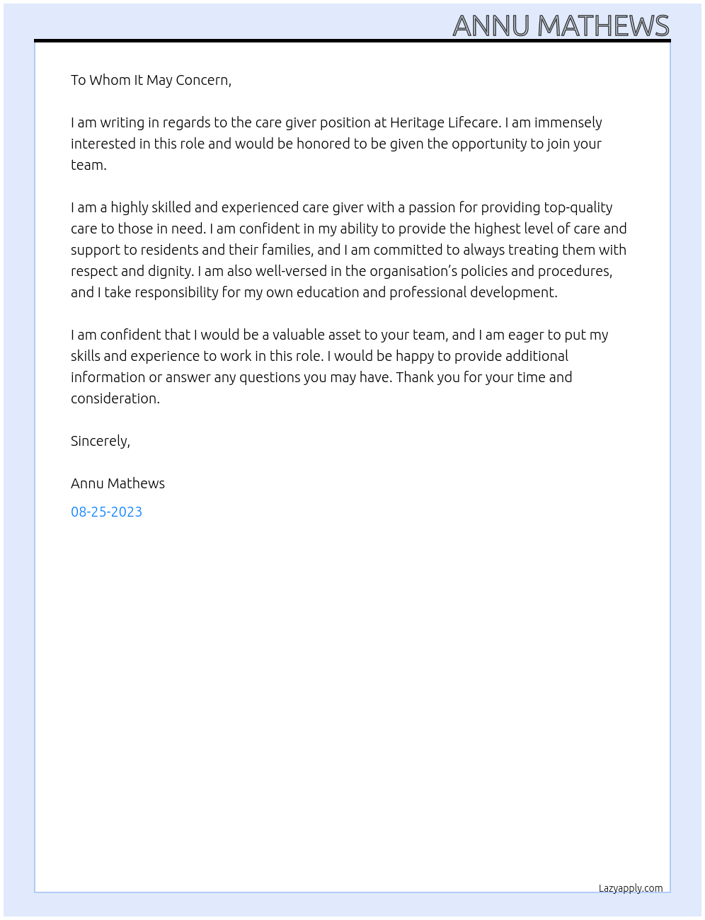 care giver At Heritage Lifecare Cover Letter