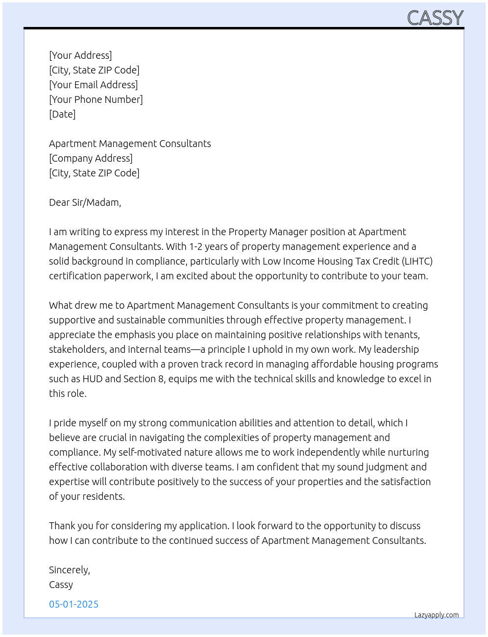 Property Manager At Apartment Management Consultants Cover Letter