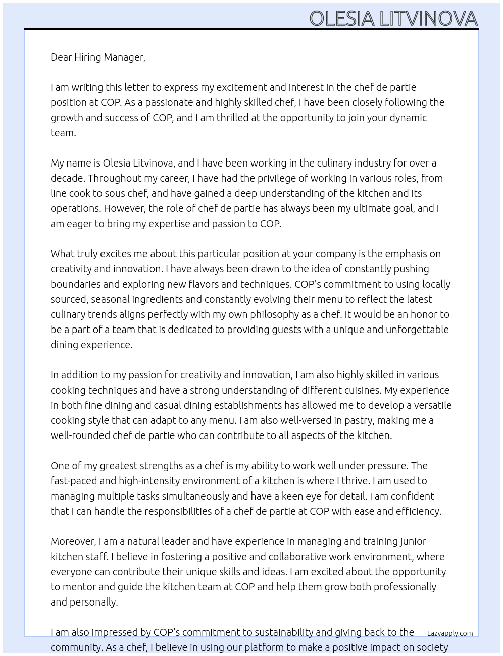 chef de partie At COP Cover Letter