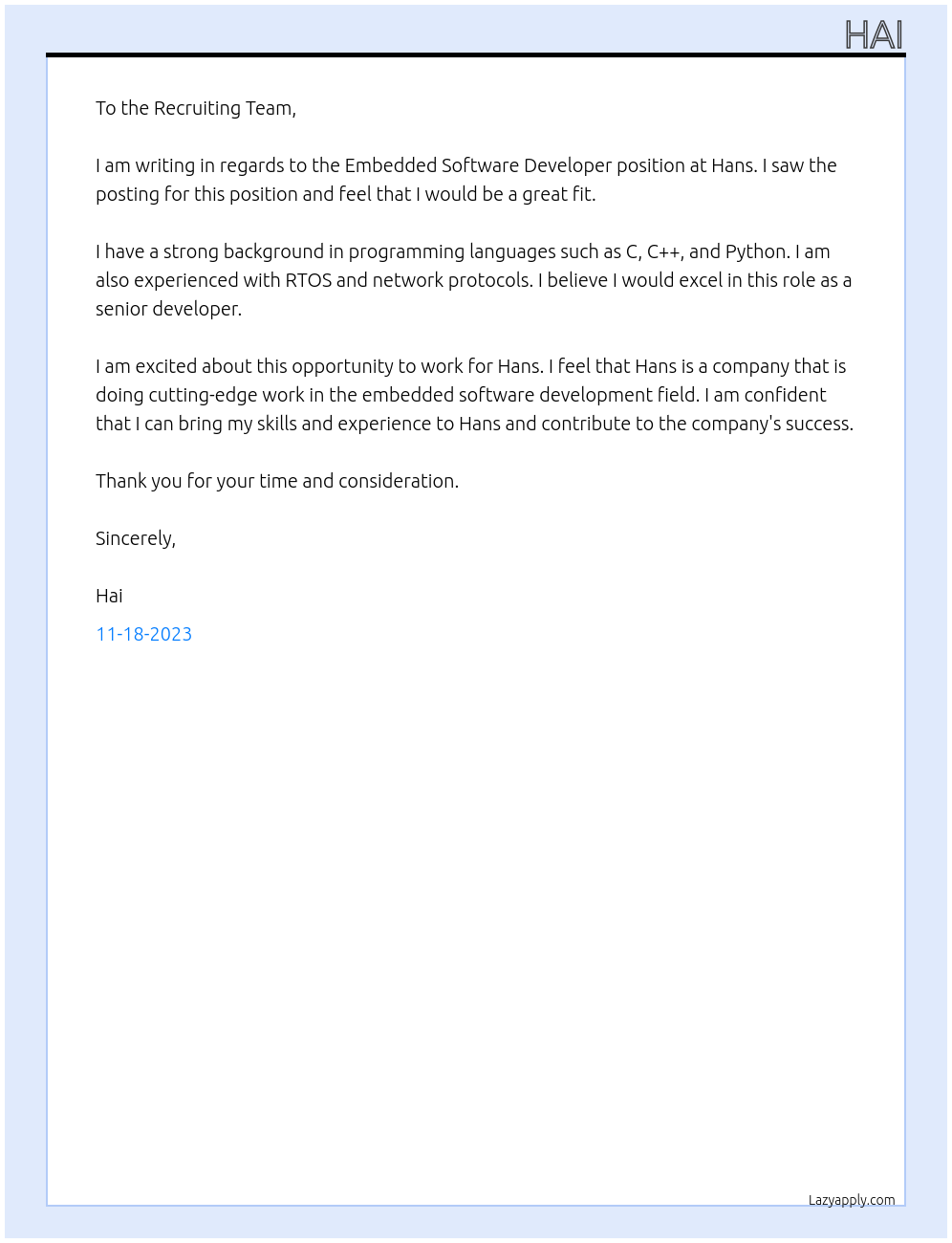 Embedded Software Developer At Hans Cover Letter