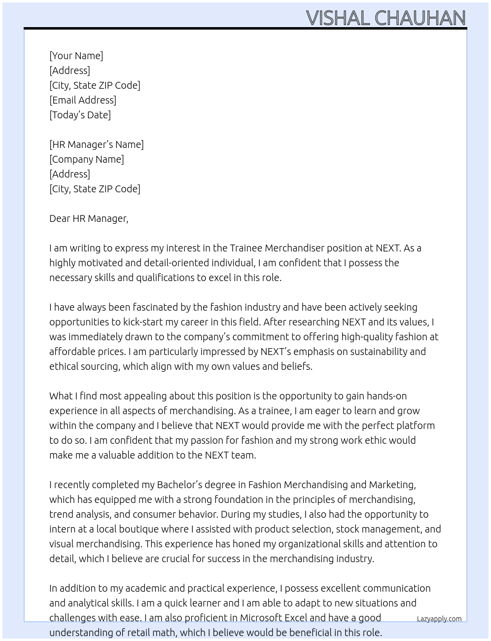 trainee merchandiser At NEXT Cover Letter