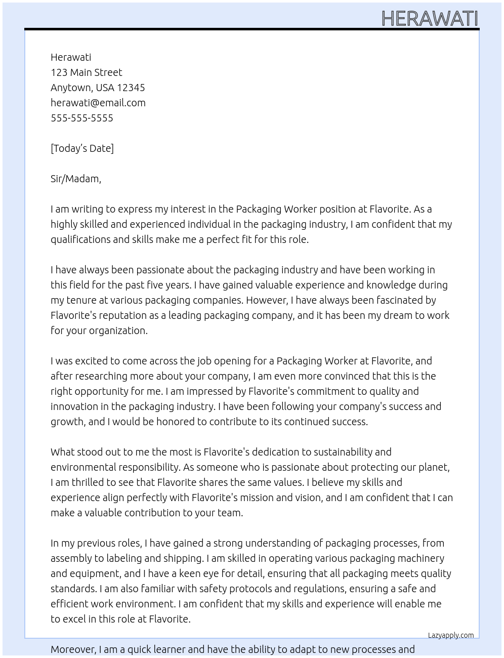 packaging worker At Flavorite Cover Letter