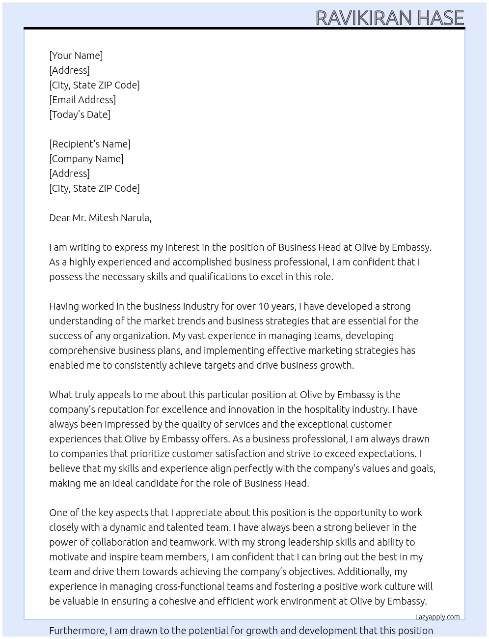 Business Head At Olive by Embassy  Cover Letter