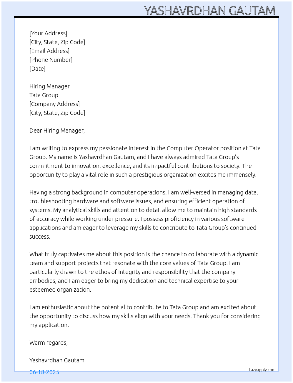 Computer operator At Tata group Cover Letter