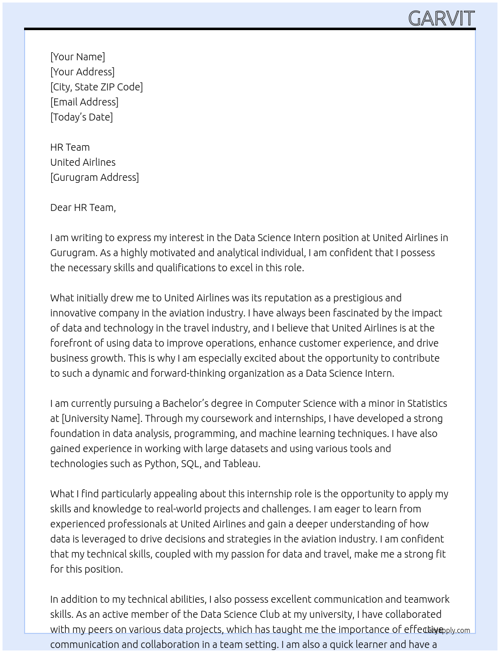 Data Science Intern At United Airlines Cover Letter