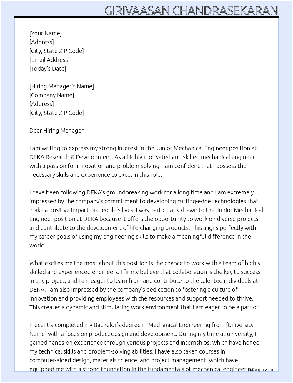 Junior Mechanical Engineer At DEKA Research & Development Cover Letter