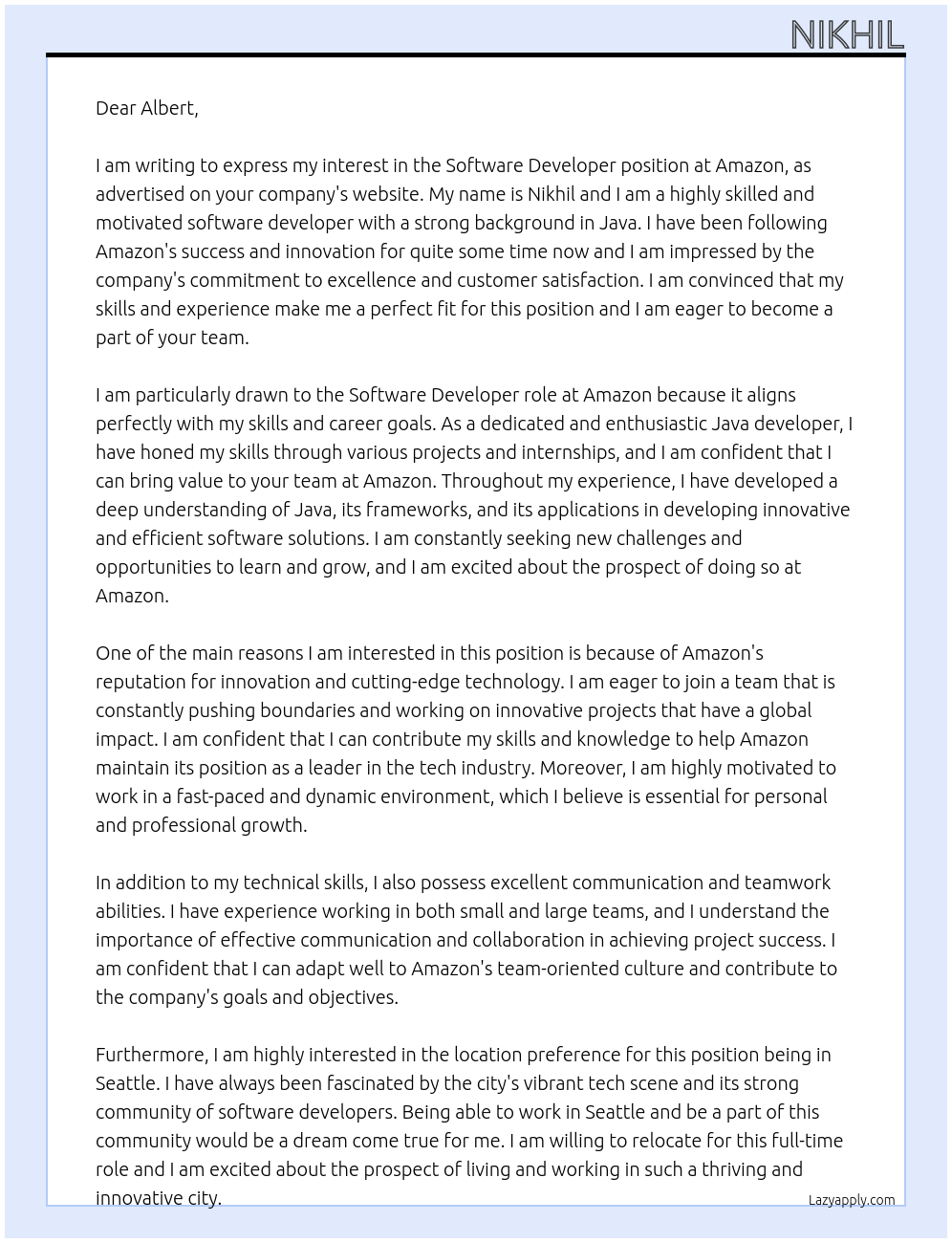 software devloper  At amazon Cover Letter