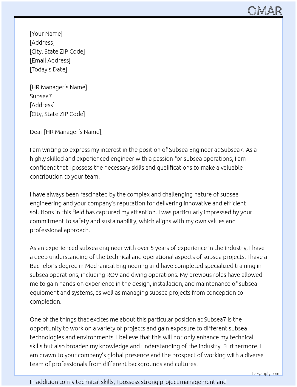 subsea engineer At subsea7 Cover Letter