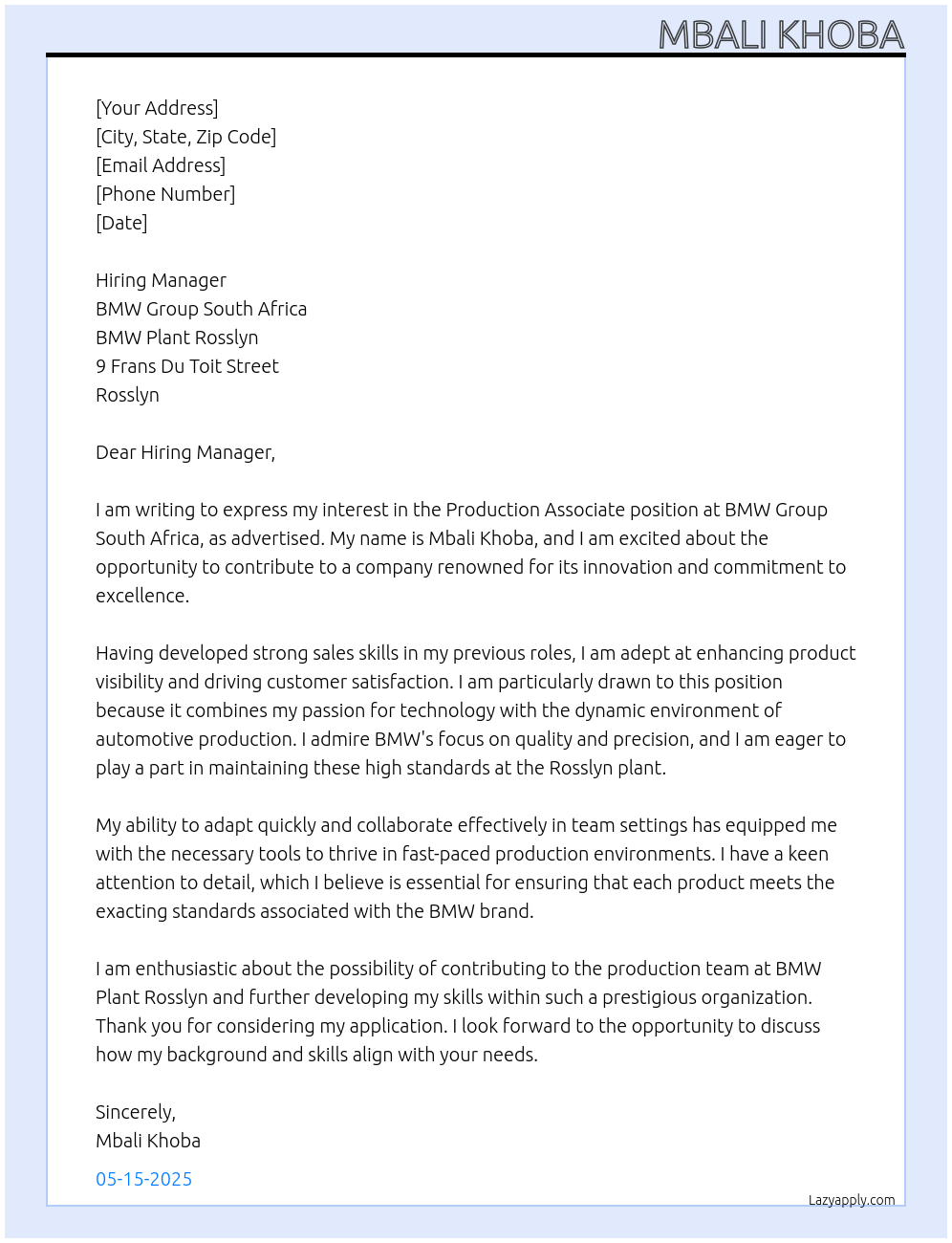 production associate At Bmw Group South Africa Cover Letter